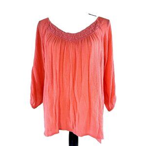 Bobeau Top V Neck Gauze Sheer Boho Peasant Gypsy Blouse Coral Pink 3/4 Sleeves M